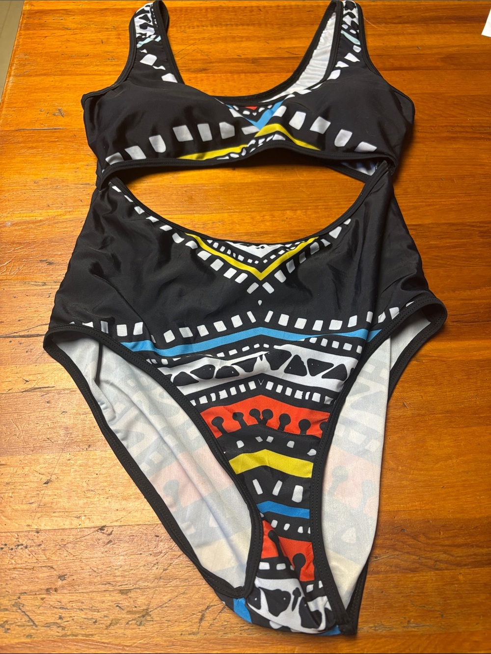 Black Tribal Cutout One-Piece Swimsuit with Colorful Accents